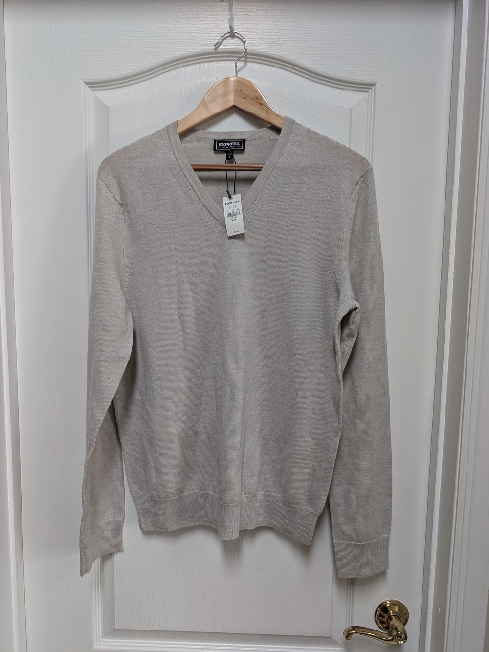 Express Men’s M 100% Merino Wool V Neck Sweater Taupe NWT